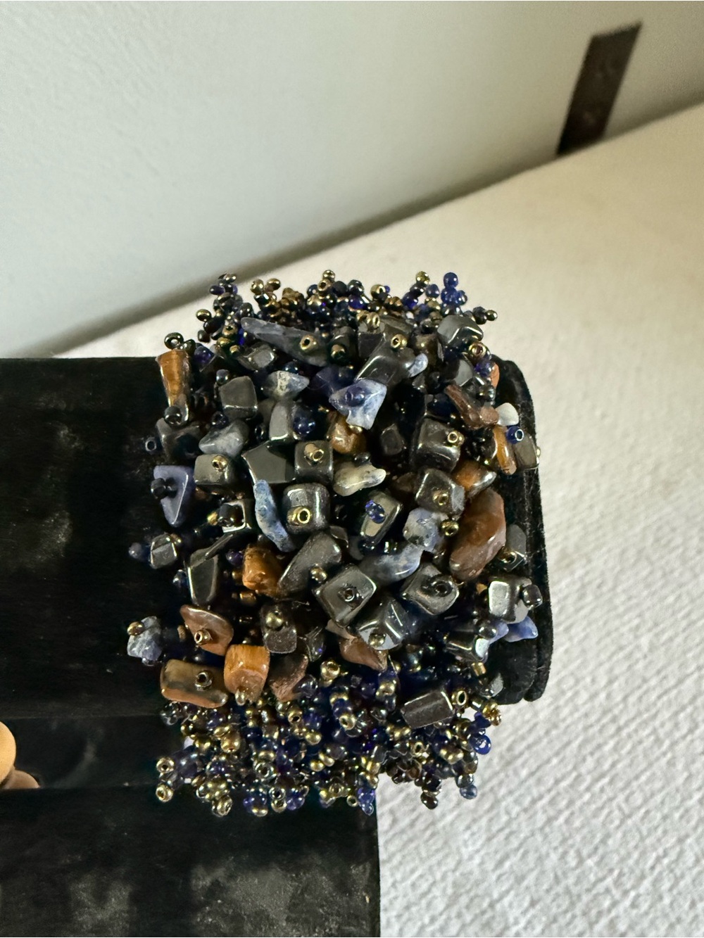 Beaded Stone Cluster Cuff Bracelet - Navy, Brown & Metallic